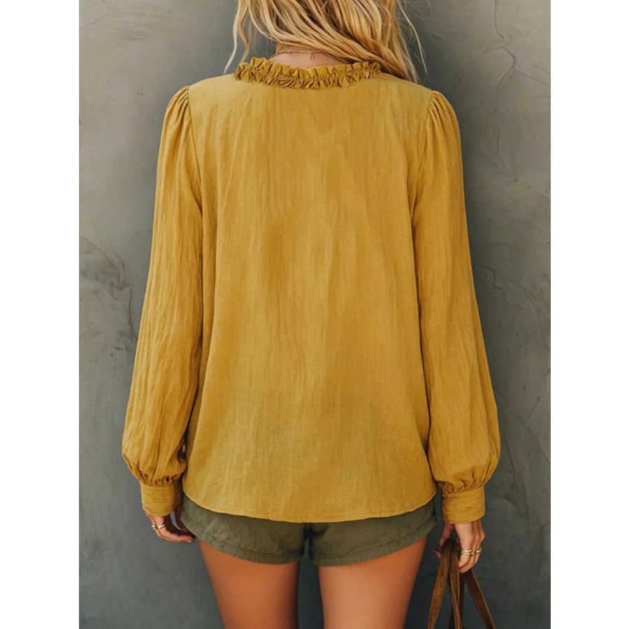Frill V-Neck Long Sleeve Blouse Apparel and Accessories