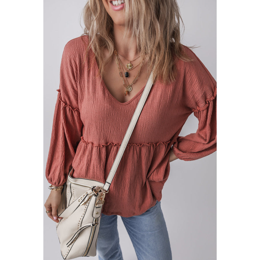 Frill V-Neck Long Sleeve Blouse Apparel and Accessories