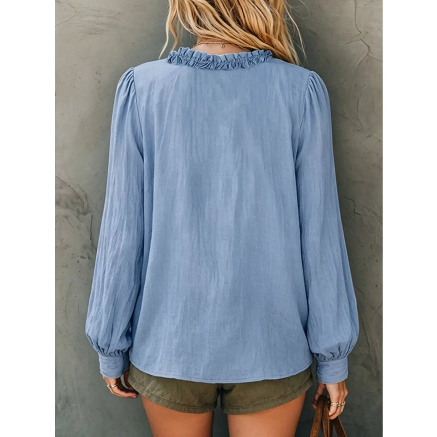 Frill V-Neck Long Sleeve Blouse Apparel and Accessories