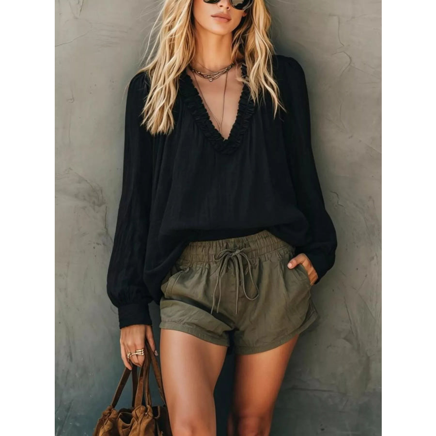 Frill V-Neck Long Sleeve Blouse Black / S Apparel and Accessories