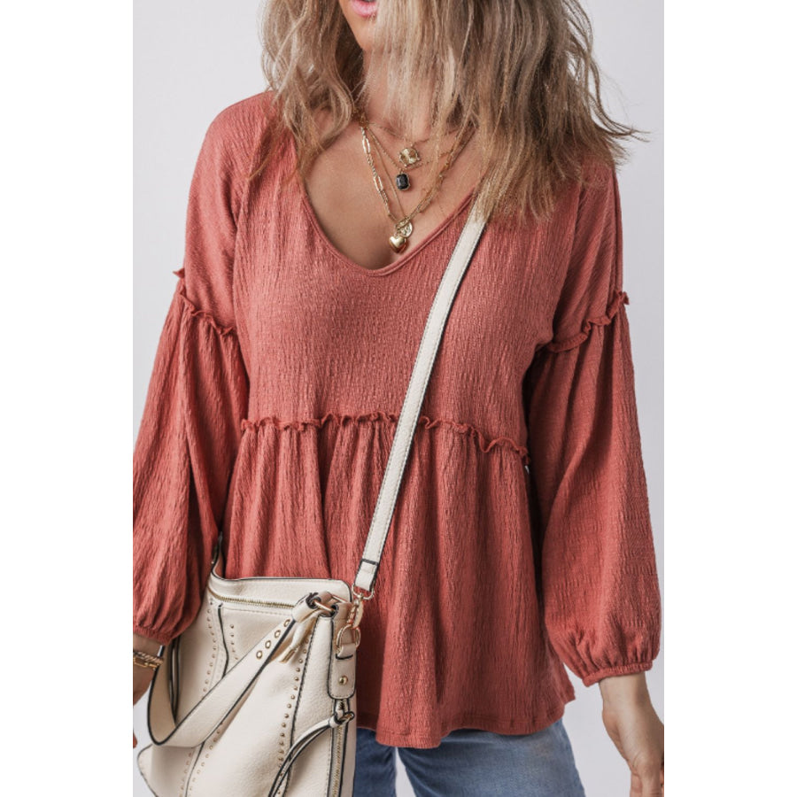 Frill V-Neck Long Sleeve Blouse Coral / S Apparel and Accessories