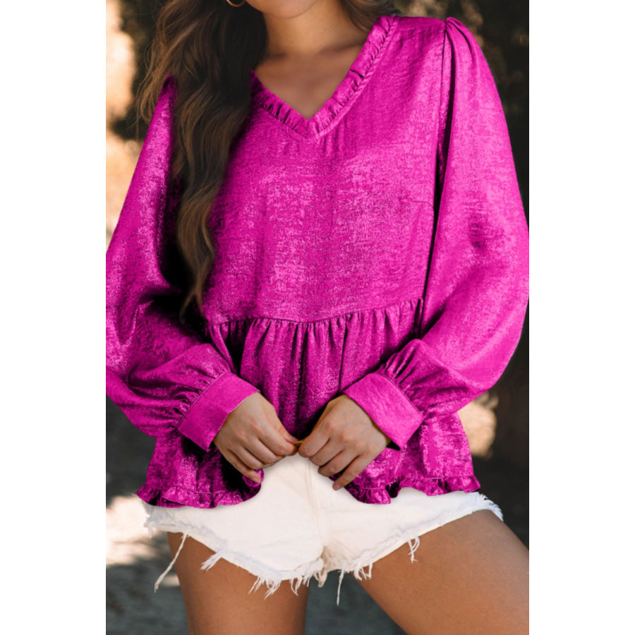 Frill V-Neck Long Sleeve Blouse Hot Pink / S Apparel and Accessories