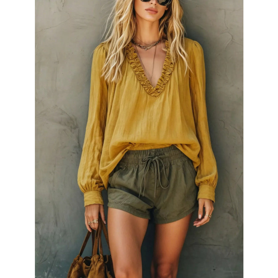 Frill V-Neck Long Sleeve Blouse Mustard / S Apparel and Accessories