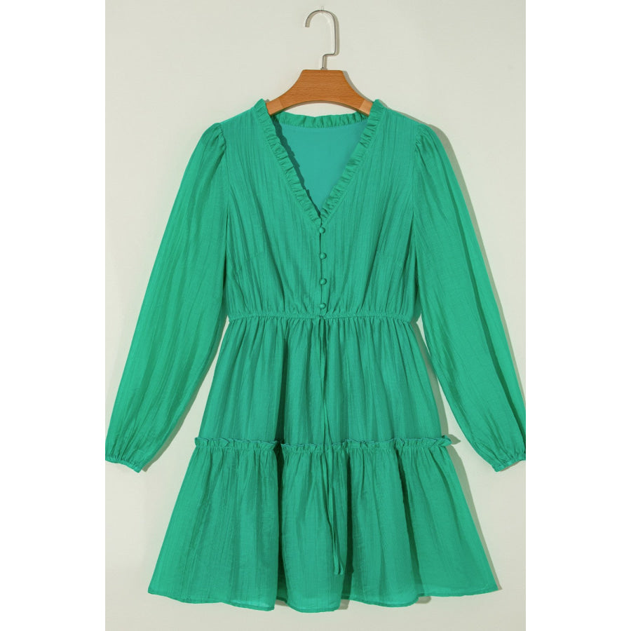 Frill V-Neck Long Sleeve Mini Dress Apparel and Accessories