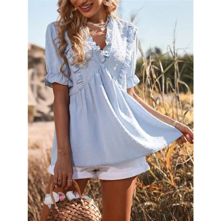 Frill V-Neck Short Sleeve Blouse Light Blue / S Apparel and Accessories