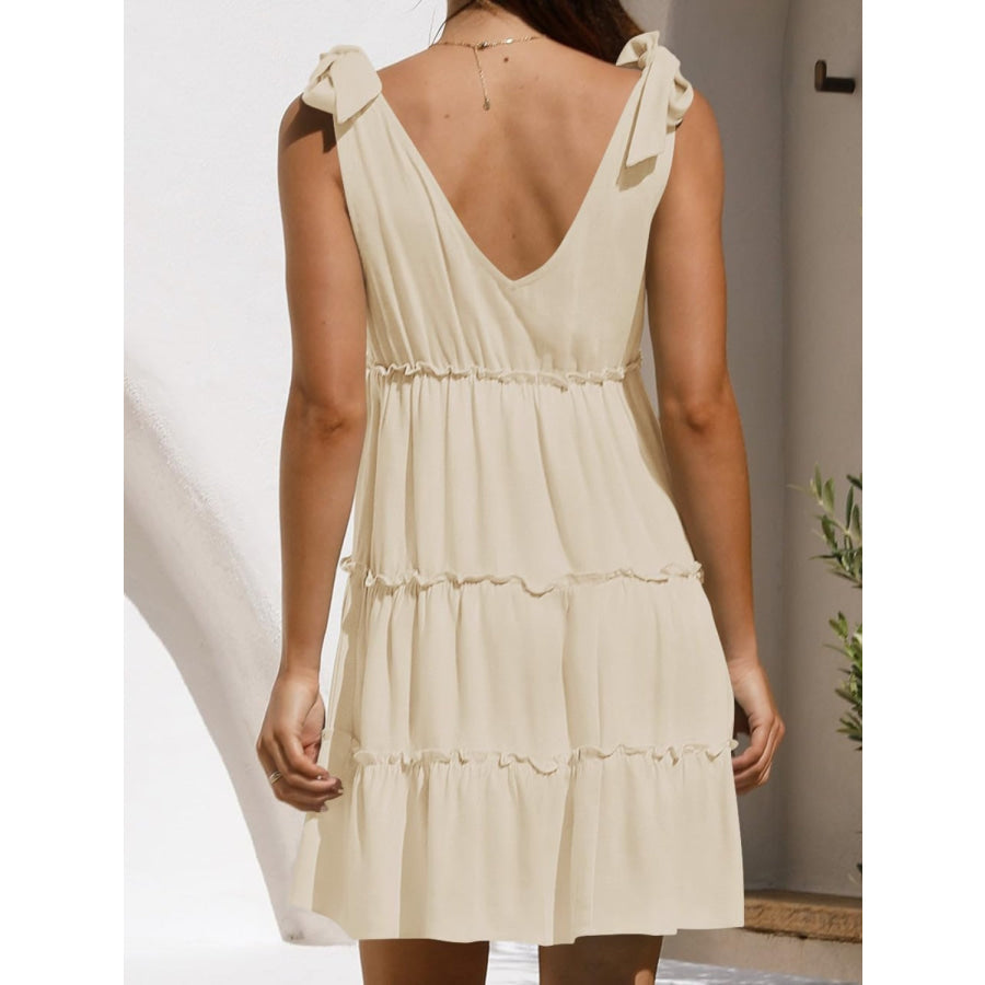 Frill V-Neck Tie Shoulder Mini Dress Apparel and Accessories