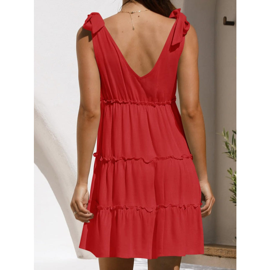 Frill V-Neck Tie Shoulder Mini Dress Apparel and Accessories