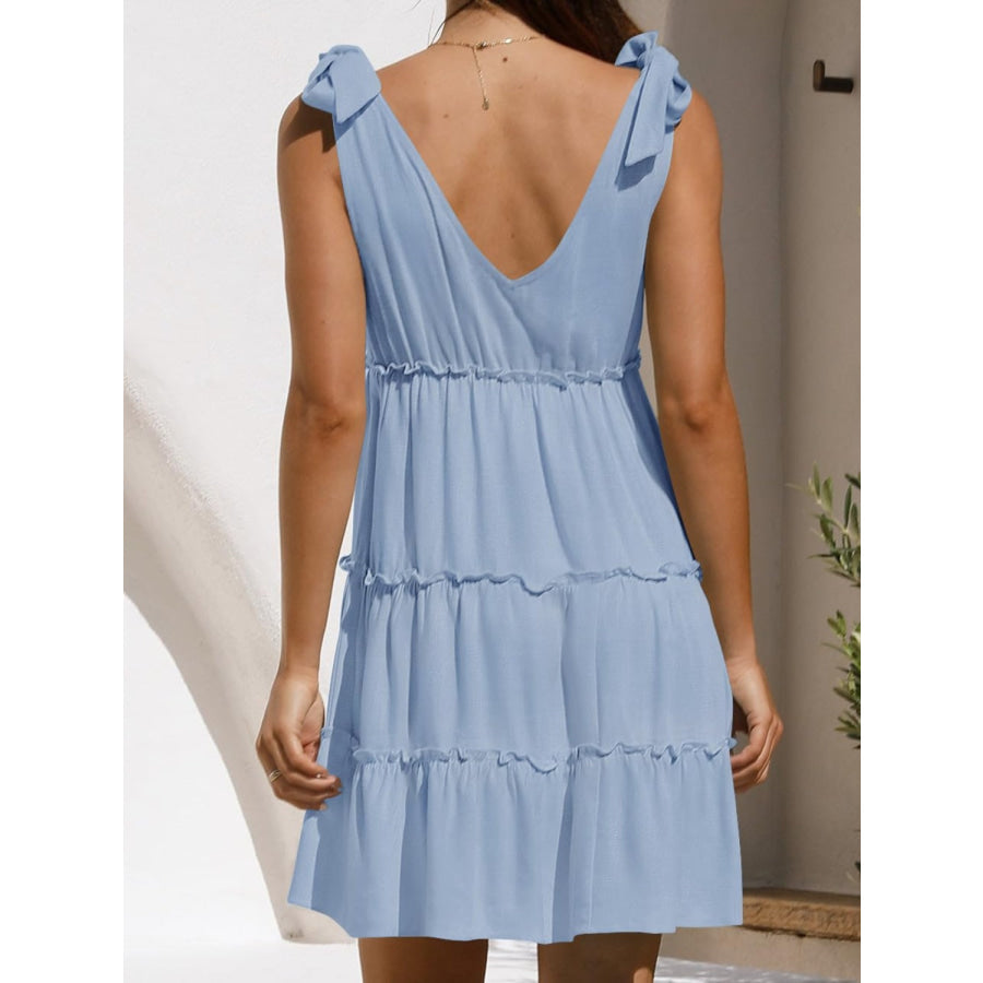 Frill V-Neck Tie Shoulder Mini Dress Apparel and Accessories