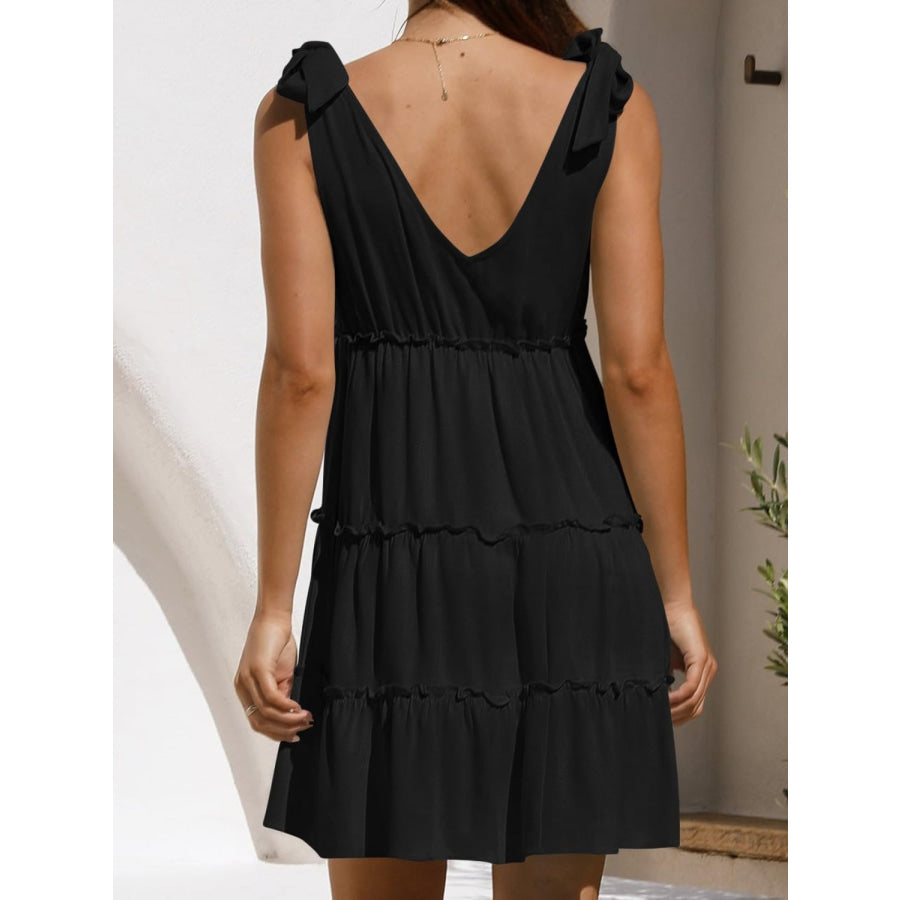 Frill V-Neck Tie Shoulder Mini Dress Black / S Apparel and Accessories