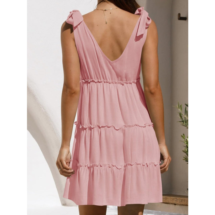 Frill V-Neck Tie Shoulder Mini Dress Dusty Pink / S Apparel and Accessories