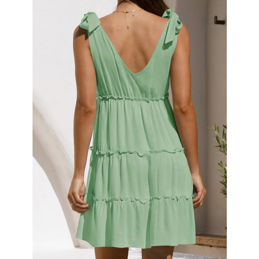 Frill V-Neck Tie Shoulder Mini Dress Gum Leaf / S Apparel and Accessories