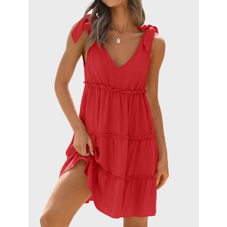 Frill V-Neck Tie Shoulder Mini Dress Orange-Red / S Apparel and Accessories