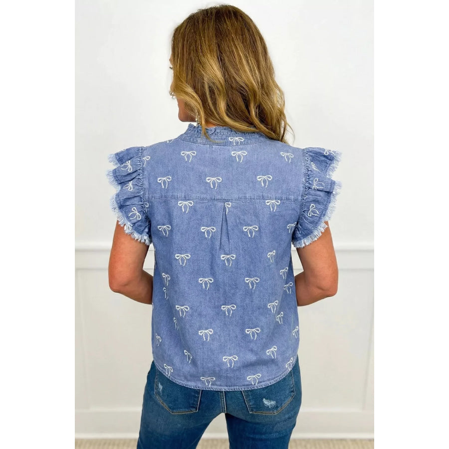 Frilled Collar Flutter Sleeve Denim Top Apparel and Accessories