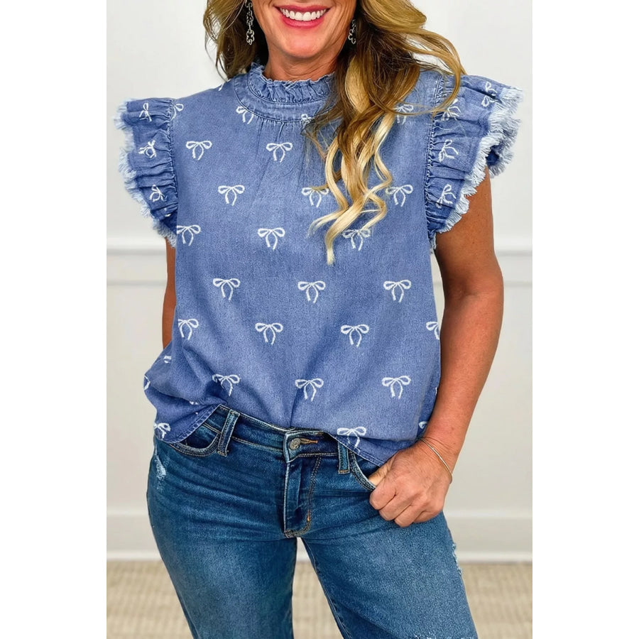 Frilled Collar Flutter Sleeve Denim Top Apparel and Accessories