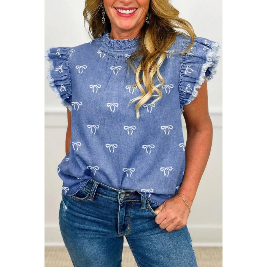 Frilled Collar Flutter Sleeve Denim Top Medium / S Apparel and Accessories
