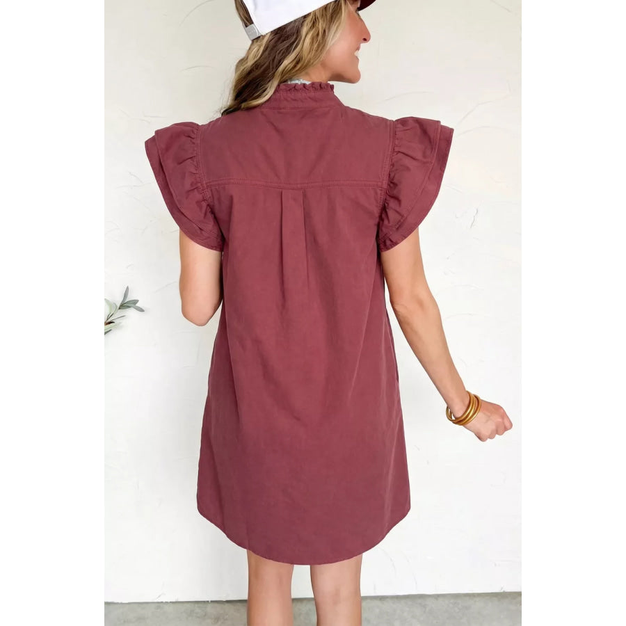 Frilled Detail Button Down Ruffle Short Sleeve Denim Mini Dress Apparel and Accessories