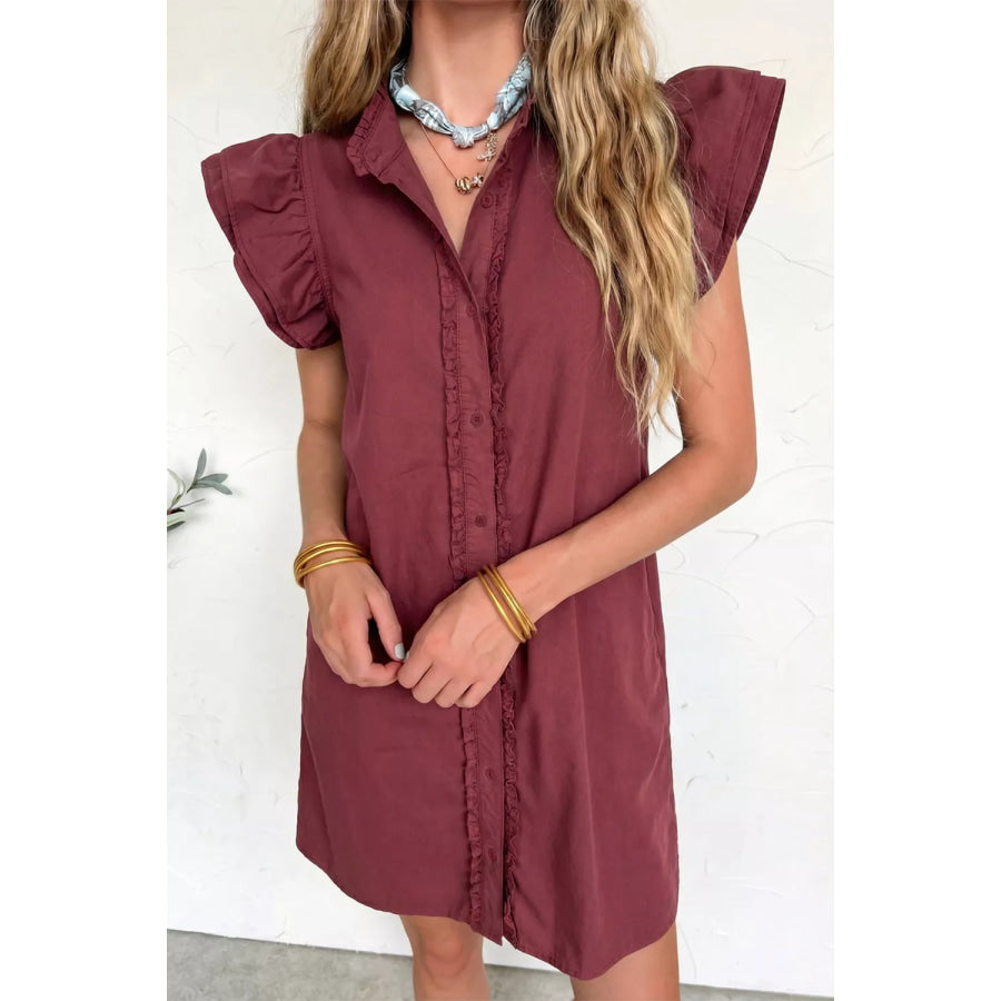 Frilled Detail Button Down Ruffle Short Sleeve Denim Mini Dress Apparel and Accessories
