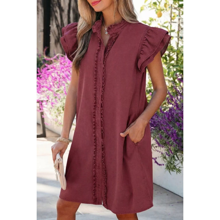 Frilled Detail Button Down Ruffle Short Sleeve Denim Mini Dress Apparel and Accessories