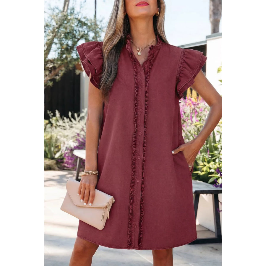 Frilled Detail Button Down Ruffle Short Sleeve Denim Mini Dress Burgundy / S Apparel and Accessories