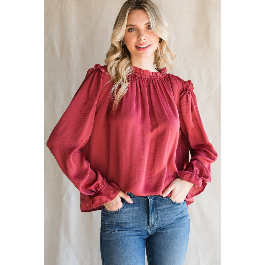 Notched Neck Button-UP Smocked Flounce Sleeve Blouse