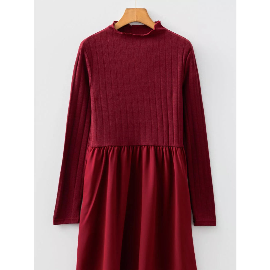 Frilled Neck Ribbed Knit Patchwork Long Sleeve Mini Dress Apparel and Accessories