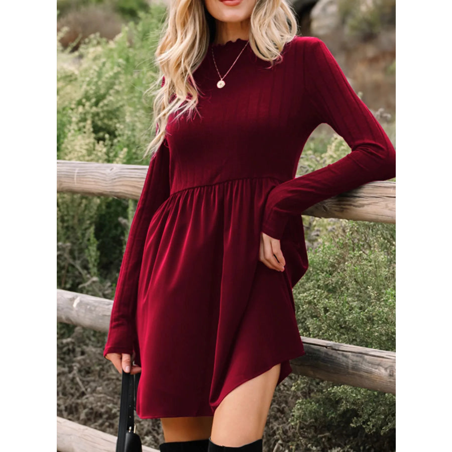 Frilled Neck Ribbed Knit Patchwork Long Sleeve Mini Dress Apparel and Accessories