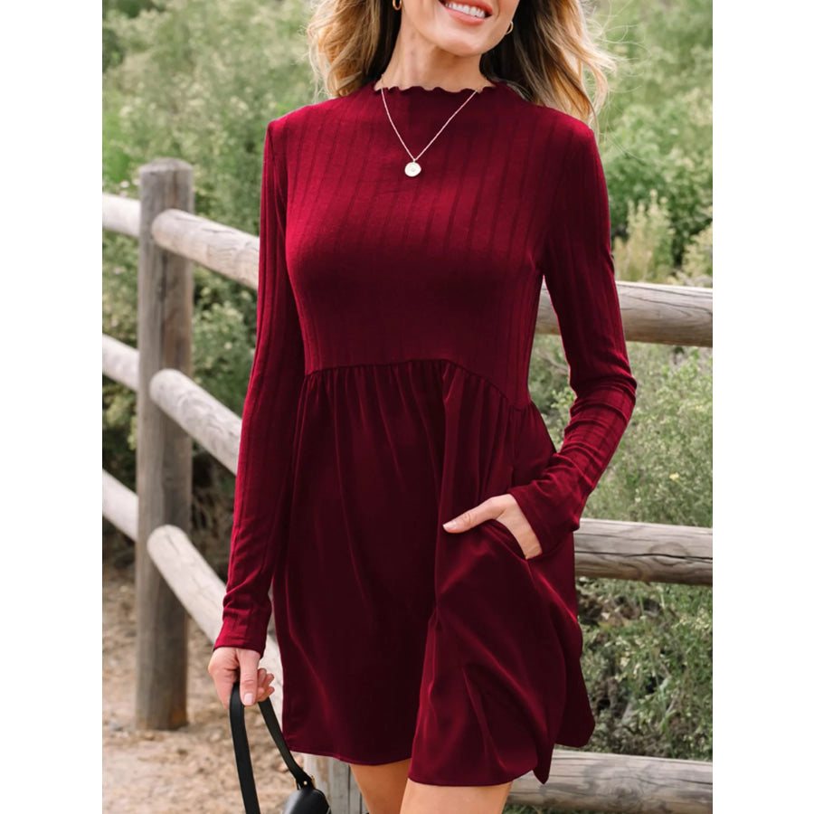 Frilled Neck Ribbed Knit Patchwork Long Sleeve Mini Dress Apparel and Accessories