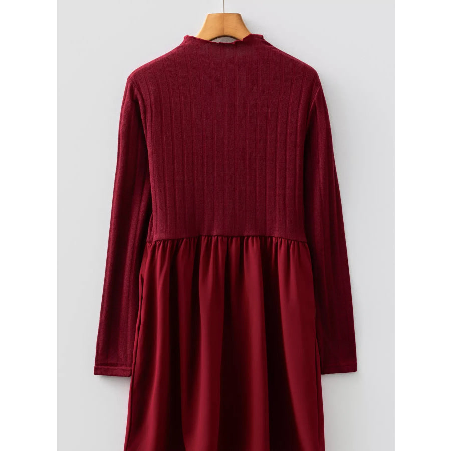 Frilled Neck Ribbed Knit Patchwork Long Sleeve Mini Dress Apparel and Accessories
