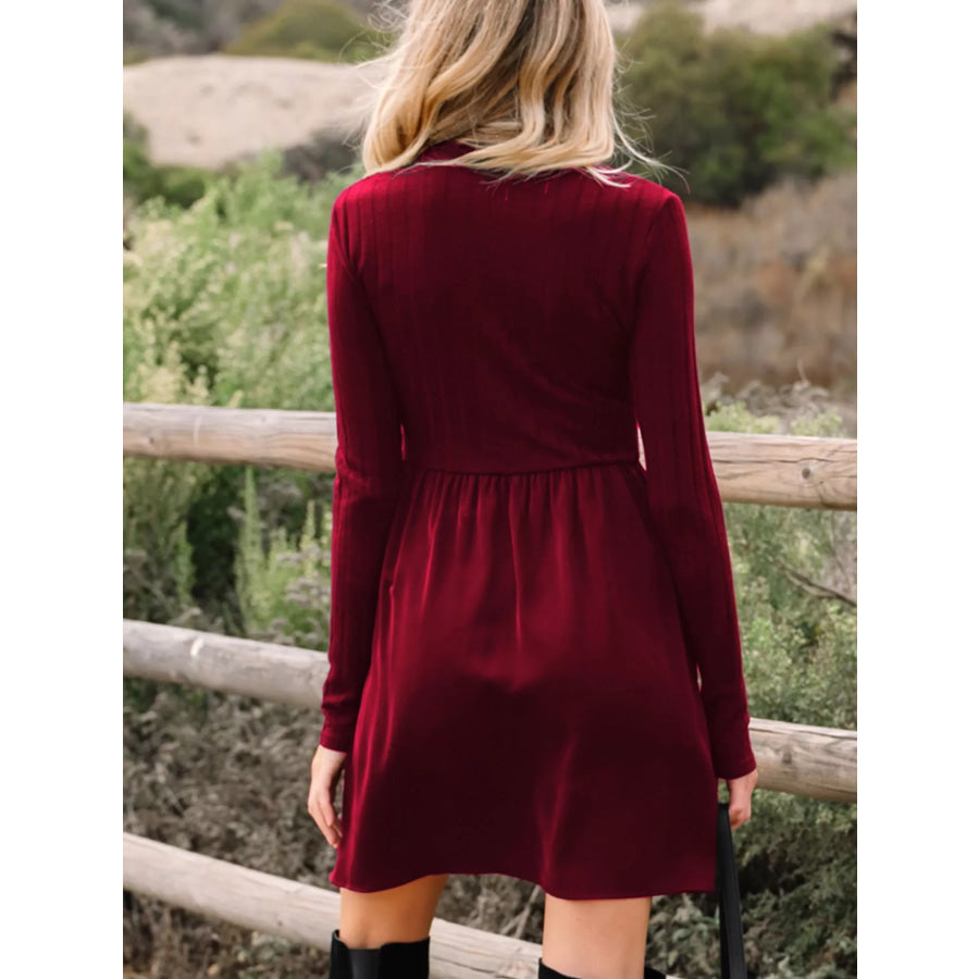 Frilled Neck Ribbed Knit Patchwork Long Sleeve Mini Dress Apparel and Accessories