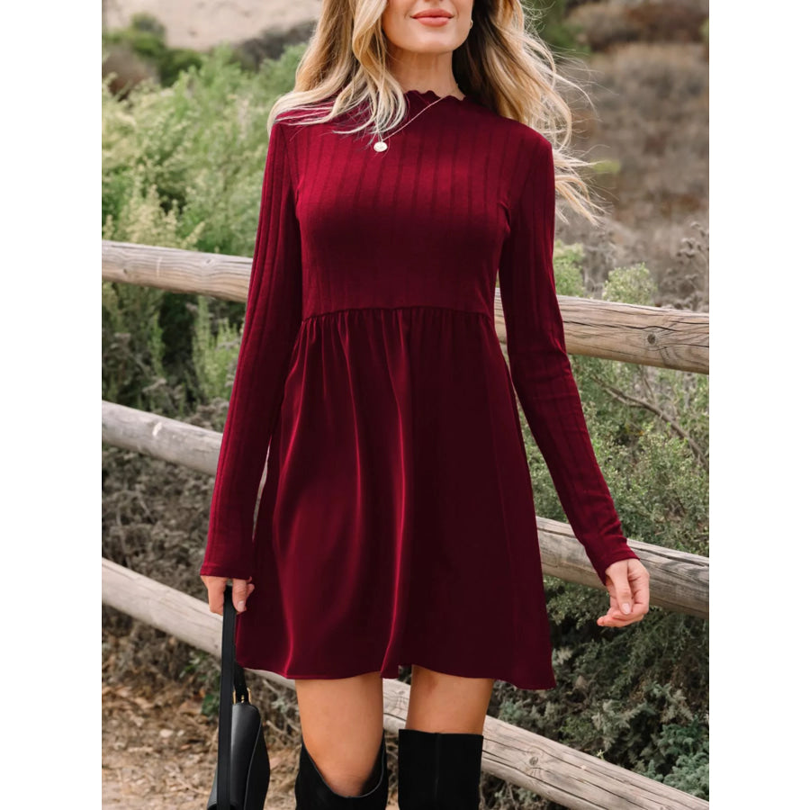 Frilled Neck Ribbed Knit Patchwork Long Sleeve Mini Dress Burgundy / S Apparel and Accessories