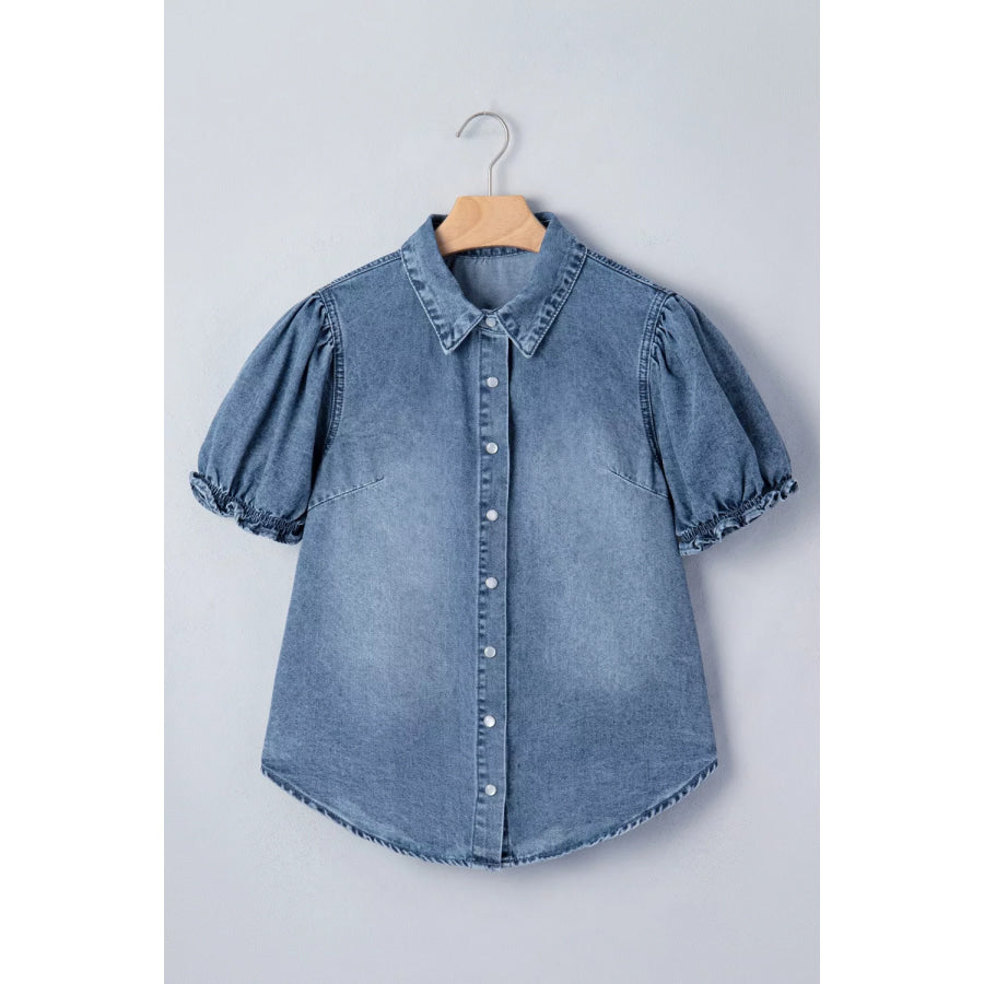Frilled Short Sleeve Snap Button Denim Shirt Apparel and Accessories