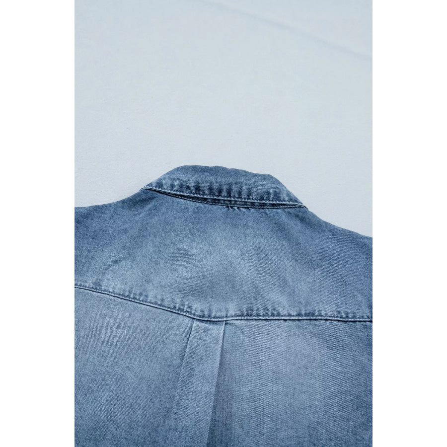 Frilled Short Sleeve Snap Button Denim Shirt Apparel and Accessories