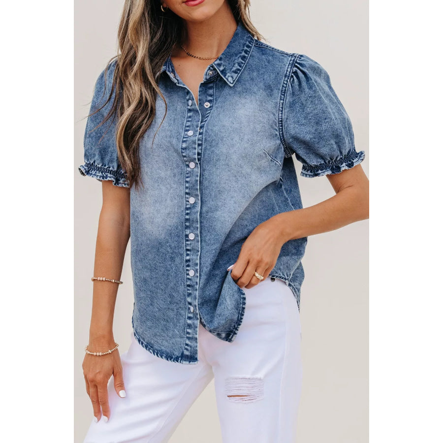 Frilled Short Sleeve Snap Button Denim Shirt Apparel and Accessories