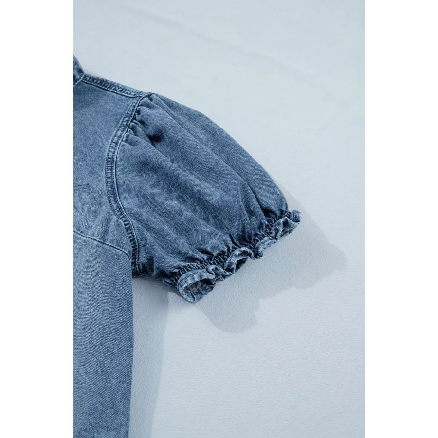 Frilled Short Sleeve Snap Button Denim Shirt Apparel and Accessories
