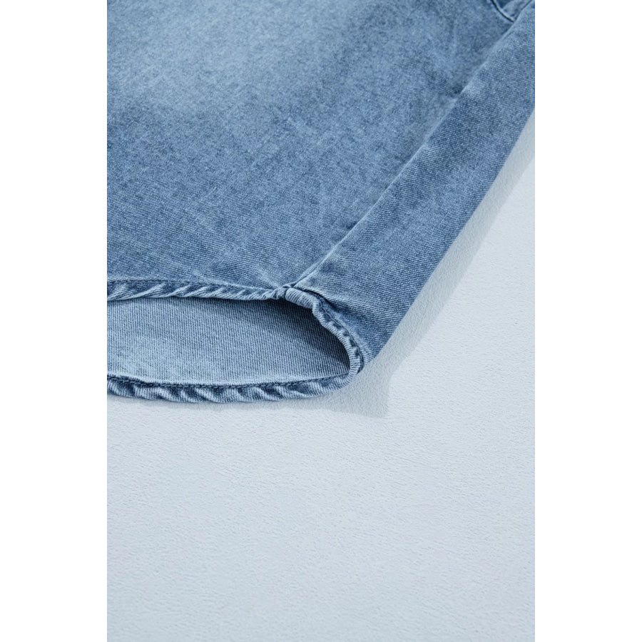 Frilled Short Sleeve Snap Button Denim Shirt Apparel and Accessories