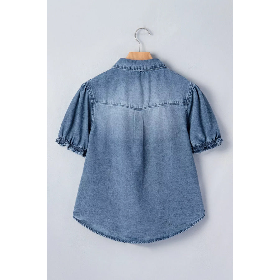 Frilled Short Sleeve Snap Button Denim Shirt Apparel and Accessories