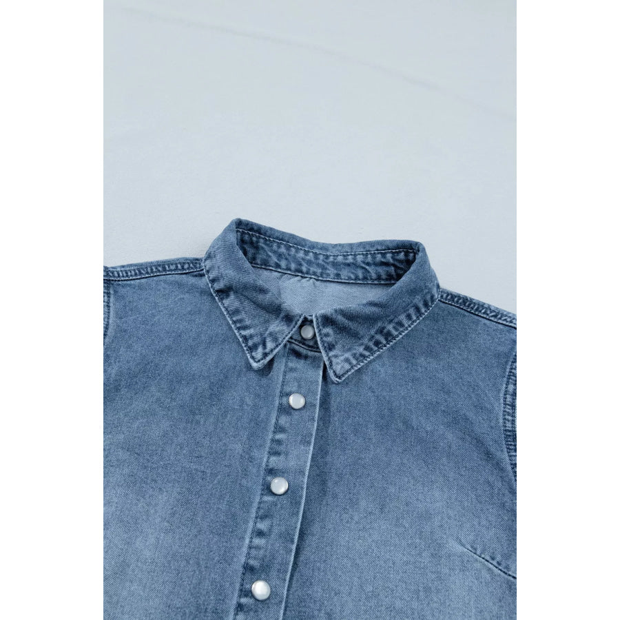 Frilled Short Sleeve Snap Button Denim Shirt Apparel and Accessories