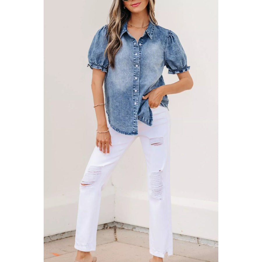 Frilled Short Sleeve Snap Button Denim Shirt Apparel and Accessories