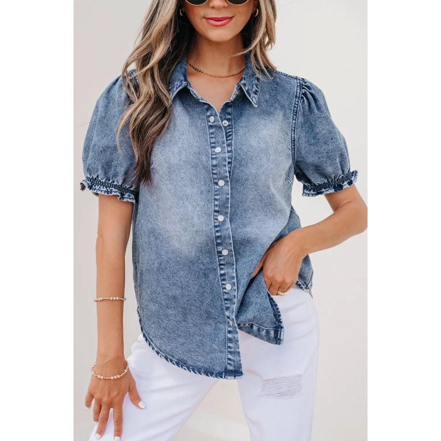 Frilled Short Sleeve Snap Button Denim Shirt Medium / S Apparel and Accessories