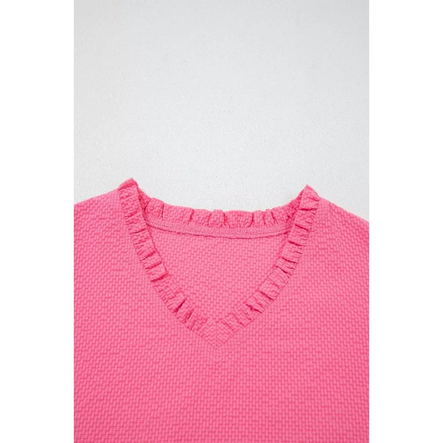Frilled V Neck Flower Embroidered Puff Sleeve Textured Blouse Apparel and Accessories