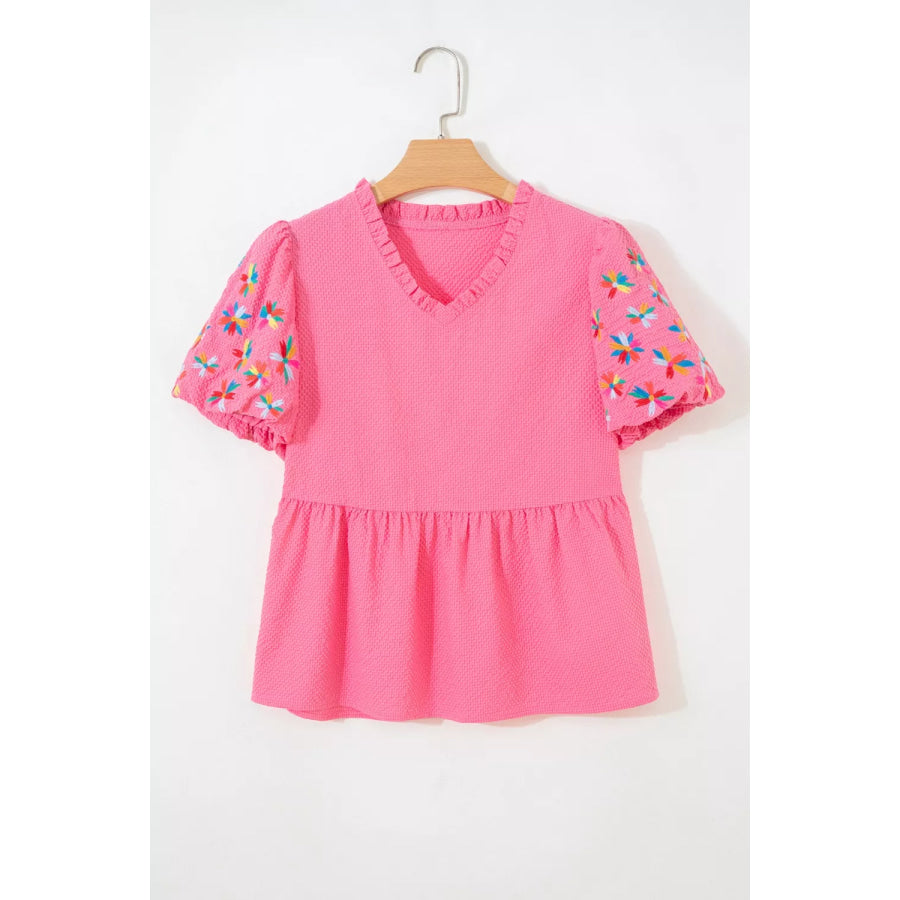 Frilled V Neck Flower Embroidered Puff Sleeve Textured Blouse Apparel and Accessories