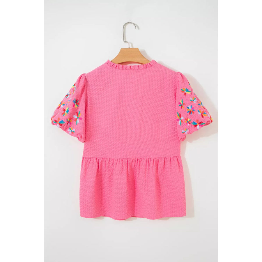 Frilled V Neck Flower Embroidered Puff Sleeve Textured Blouse Apparel and Accessories