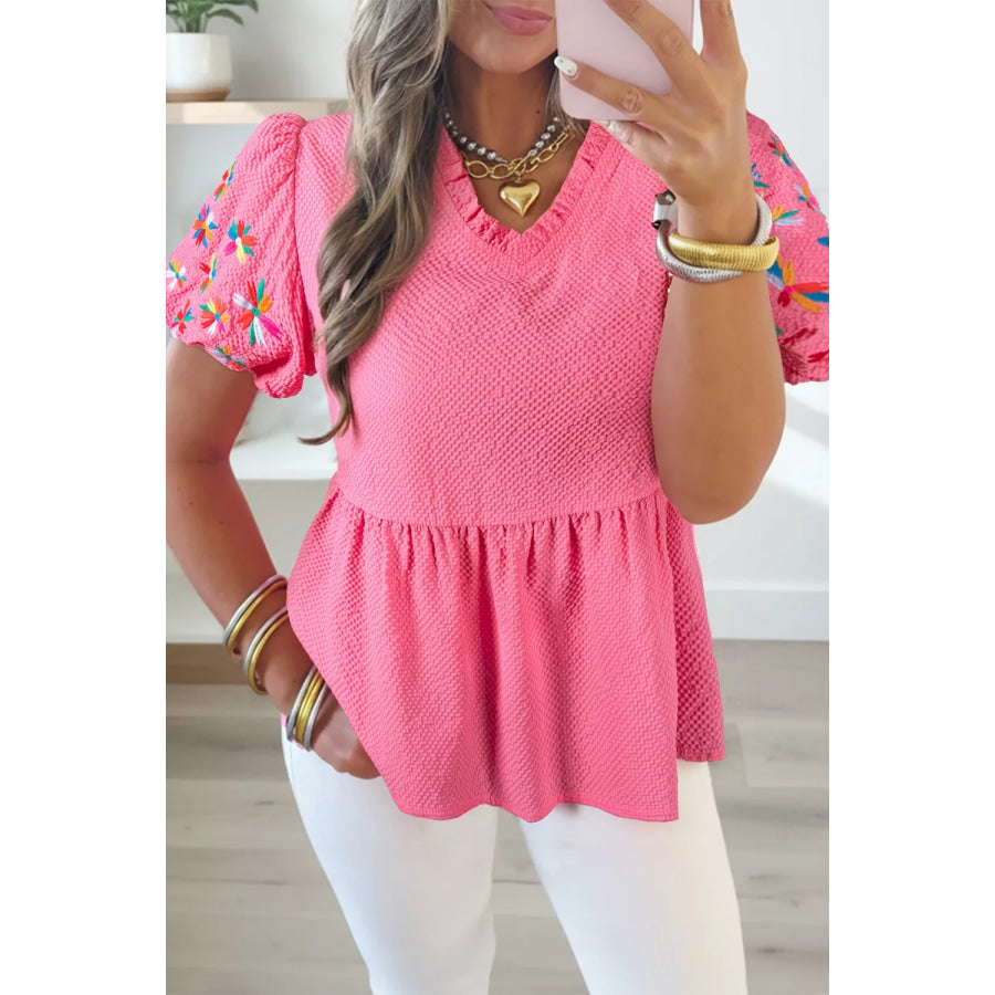 Frilled V Neck Flower Embroidered Puff Sleeve Textured Blouse Hot Pink / S Apparel and Accessories