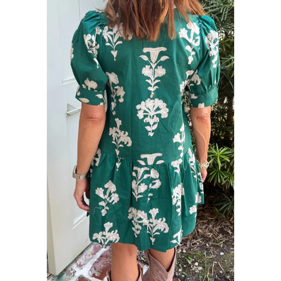 Frilled V Neck Puff Short Sleeve Floral Mini Dress Apparel and Accessories