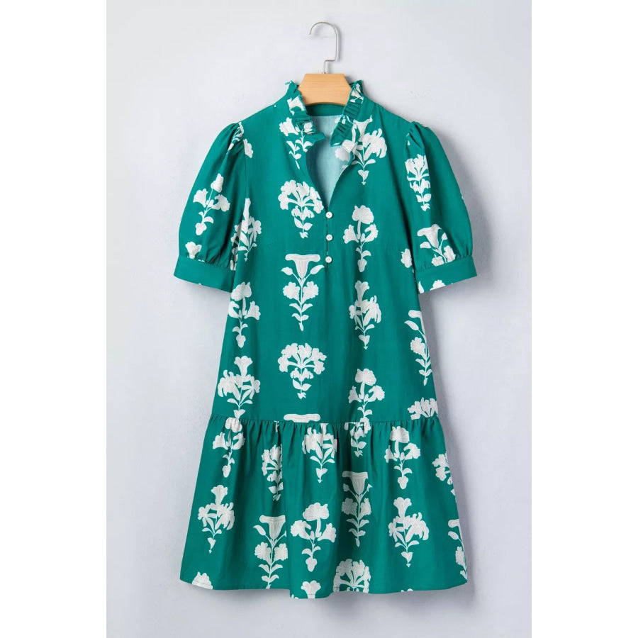 Frilled V Neck Puff Short Sleeve Floral Mini Dress Apparel and Accessories