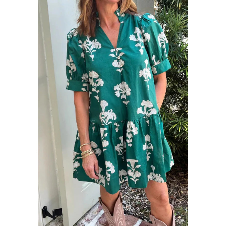 Frilled V Neck Puff Short Sleeve Floral Mini Dress Turquoise / S Apparel and Accessories