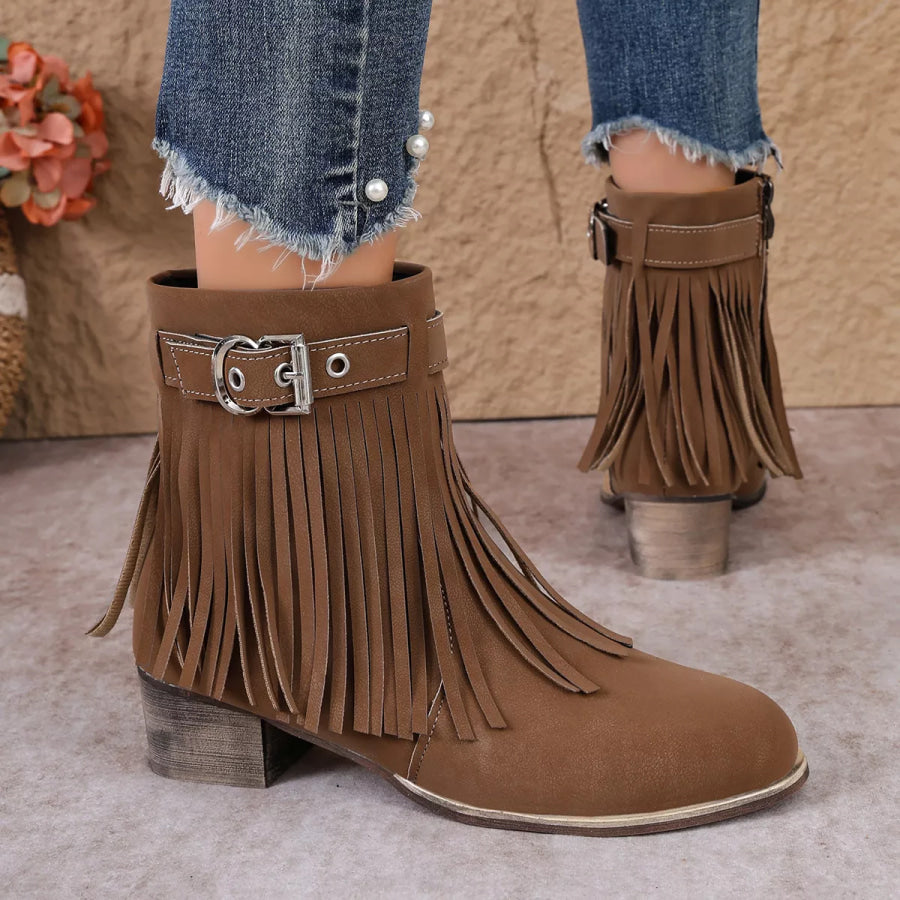 Fringe Ankle Boots with Buckle Detail Apparel and Accessories