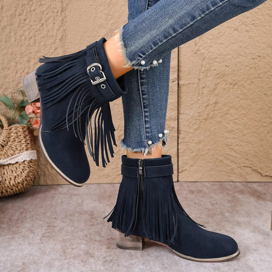 Fringe Ankle Boots with Buckle Detail Apparel and Accessories