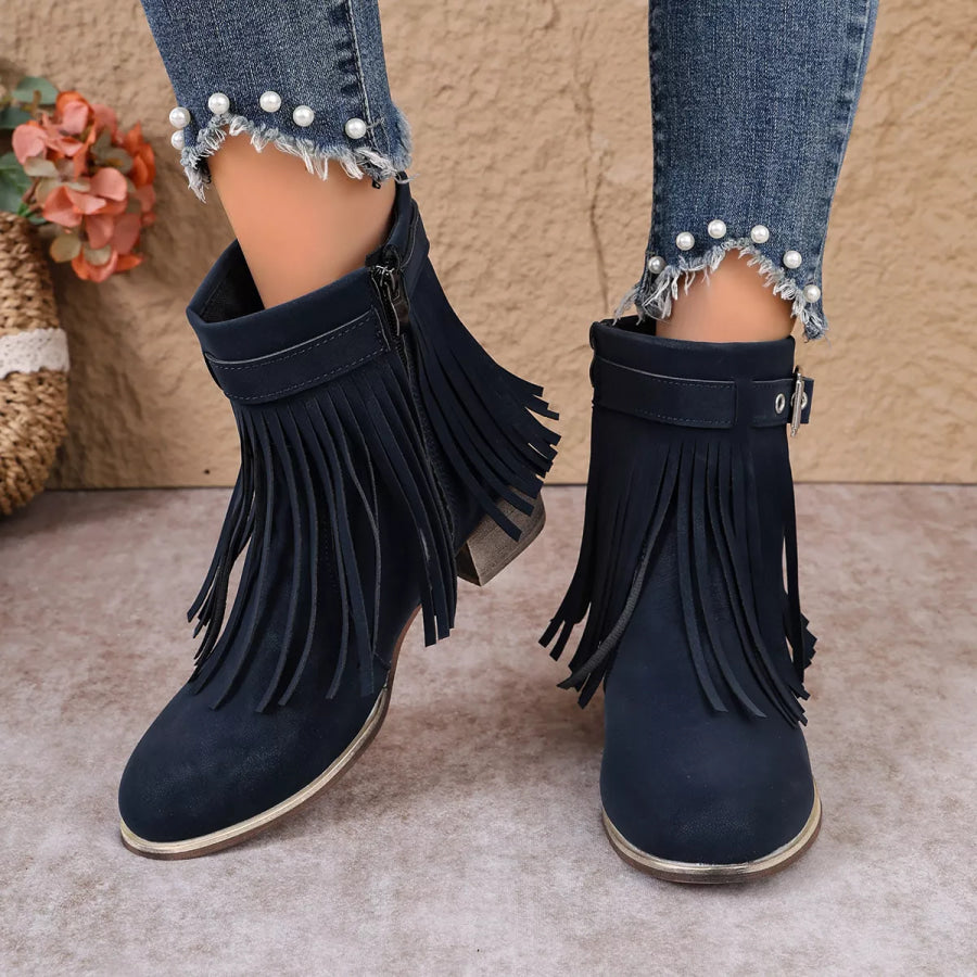 Fringe Ankle Boots with Buckle Detail Apparel and Accessories