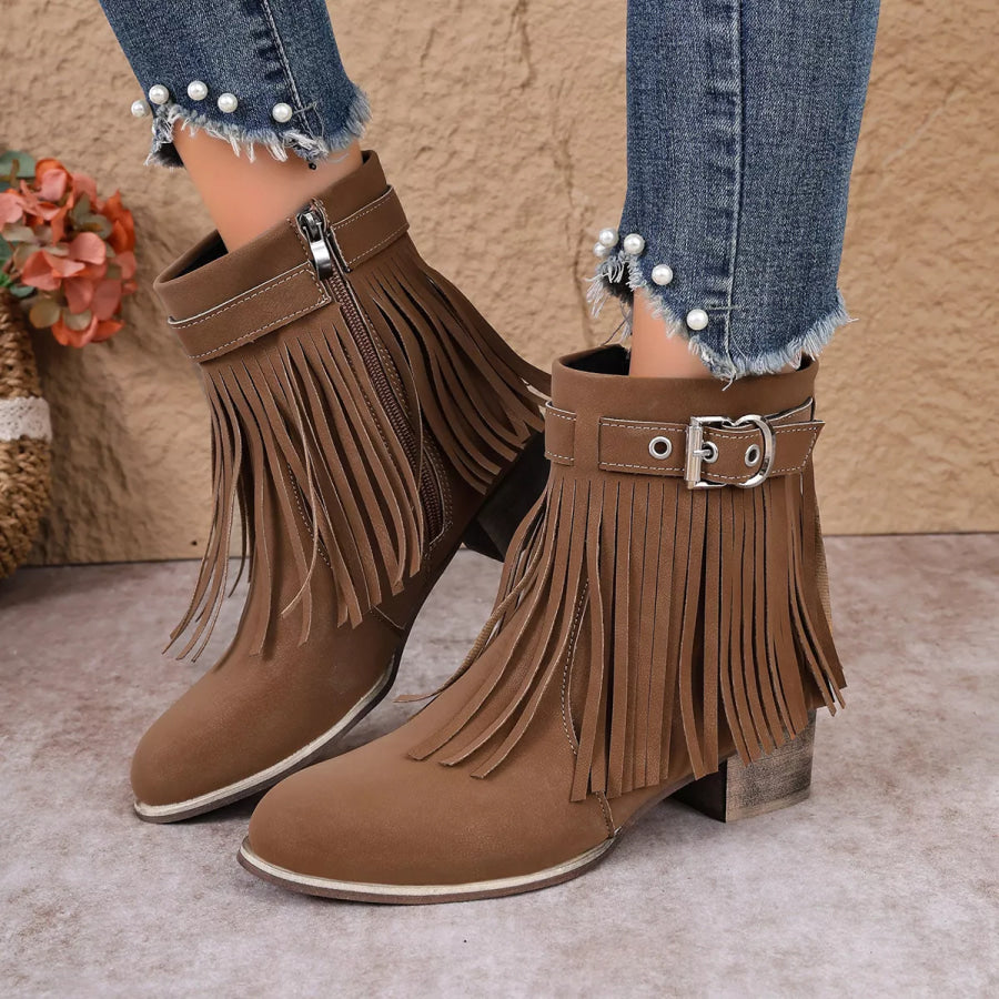Fringe Ankle Boots with Buckle Detail Apparel and Accessories